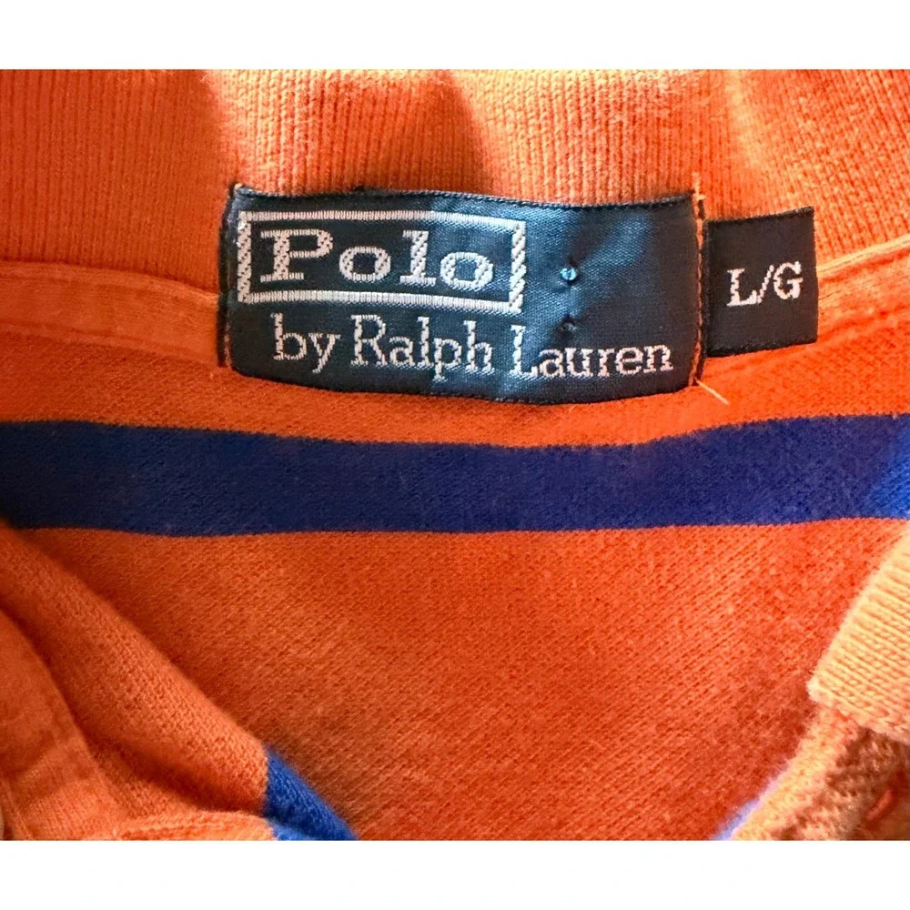 Polo Ralph Lauren Mens Large Orange Blue Striped Short Sleeve Pique Polo Shirt